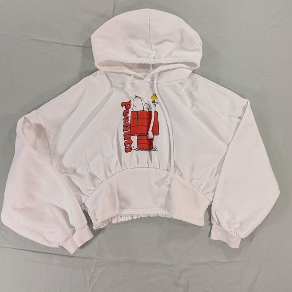 Snoopy Cropped Sweatshirt Juniors Large White Peanuts Pullover Hooded